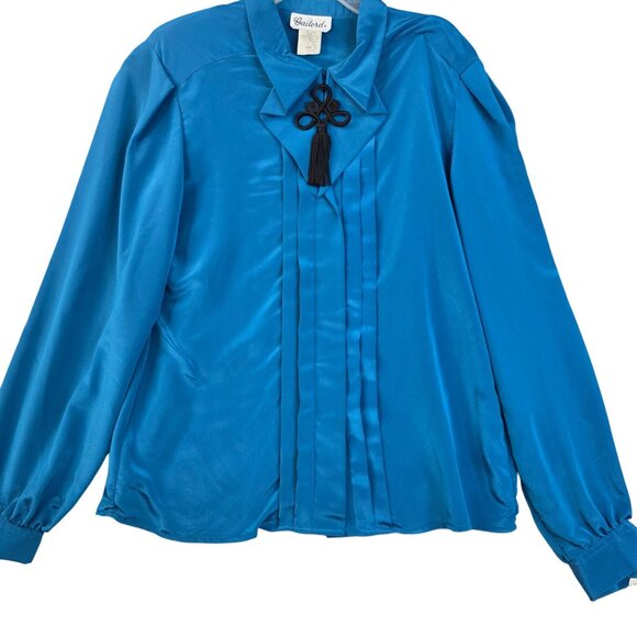 80s Gaylord Pleated Blouse 12 Blue Tassel Feminine Romantic Flowy Whimsical New - Picture 1 of 10